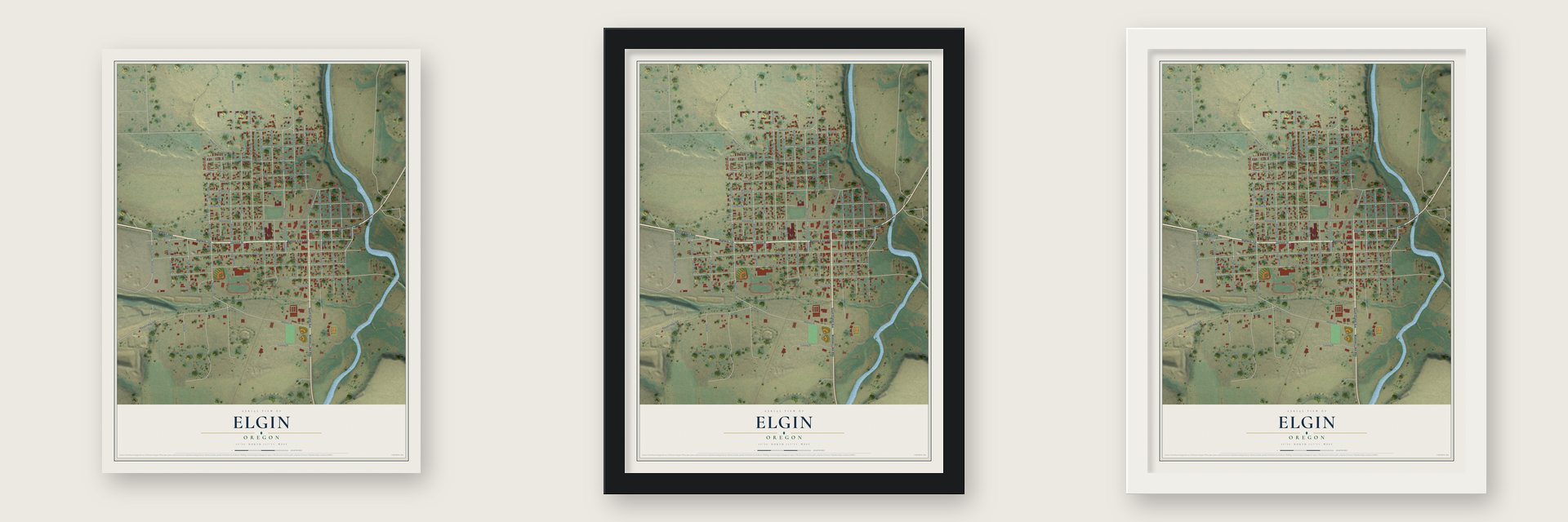 Elgin, Oregon map unframed, in a black wood frame and in a white wood frame