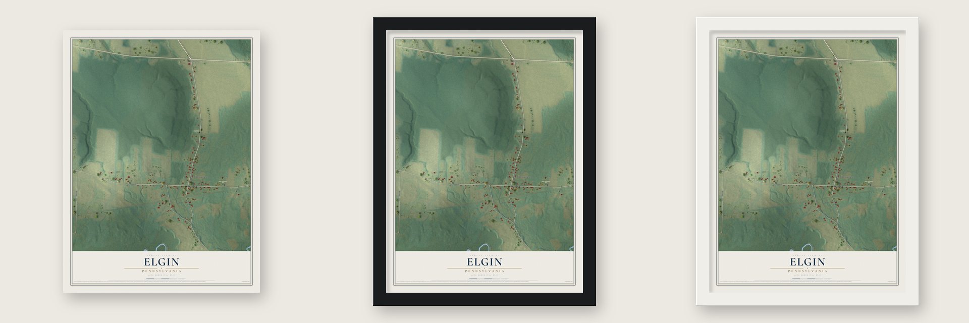 Elgin, Pennsylvania map unframed, in a black wood frame and in a white wood frame