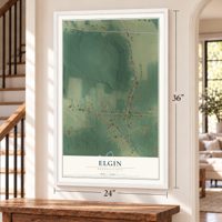 Elgin, Pennsylvania map, 24 x 36 inch print in a white frame by a staircase