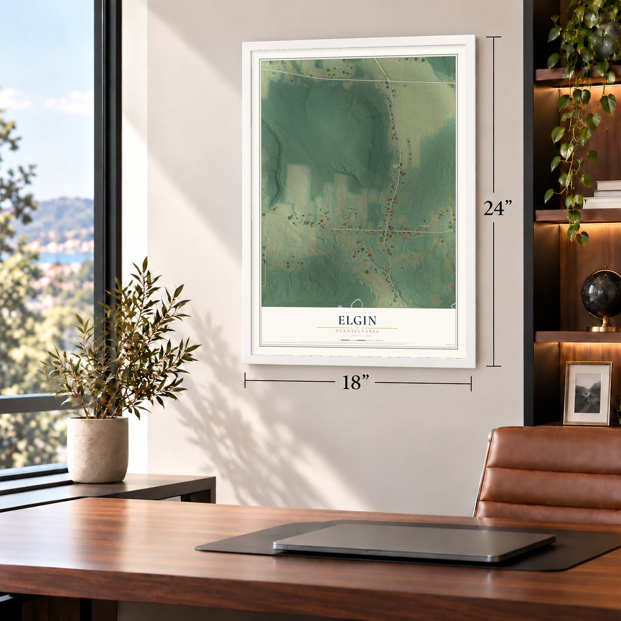 Elgin, Pennsylvania map, 18 x 24 inch print in a white frame in a home office