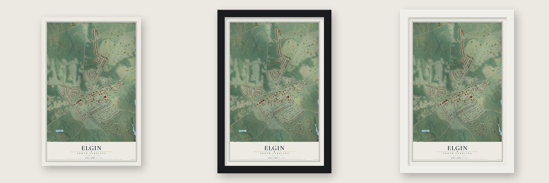 Elgin, South Carolina map unframed, in a black wood frame and in a white wood frame