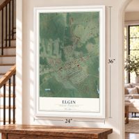 Elgin, South Carolina map, 24 x 36 inch print in a white frame by a staircase