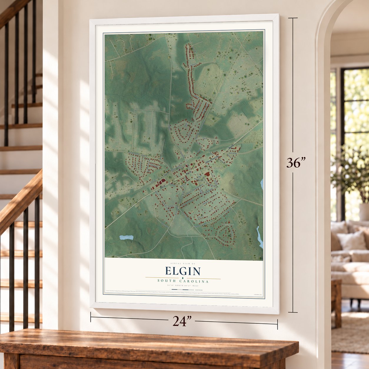 Elgin, South Carolina map, 24 x 36 inch print in a white frame by a staircase