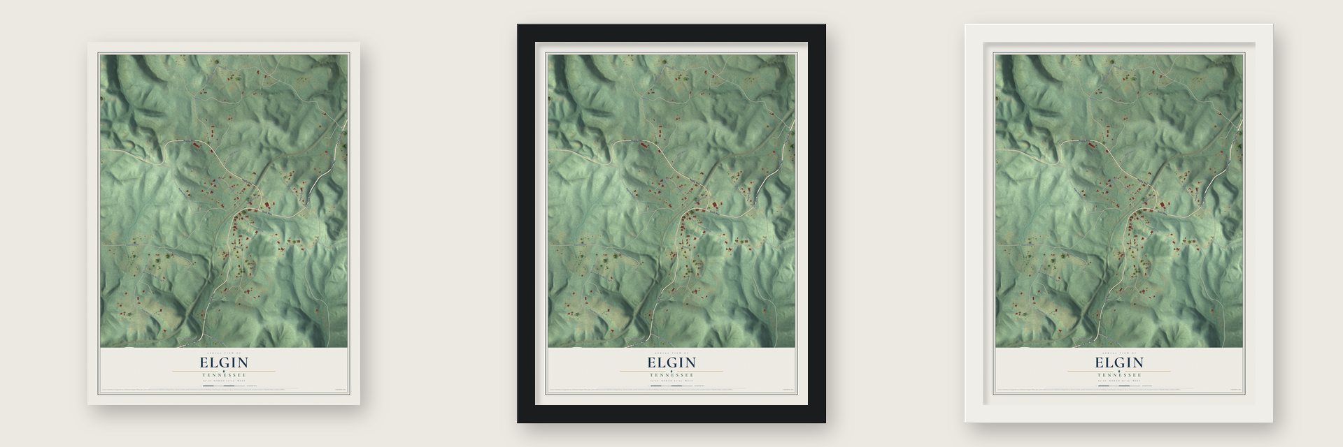 Elgin, Tennessee map unframed, in a black wood frame and in a white wood frame