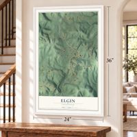 Elgin, Tennessee map, 24 x 36 inch print in a white frame by a staircase