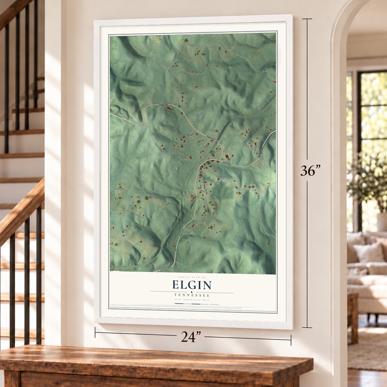 Elgin, Tennessee map, 24 x 36 inch print in a white frame by a staircase