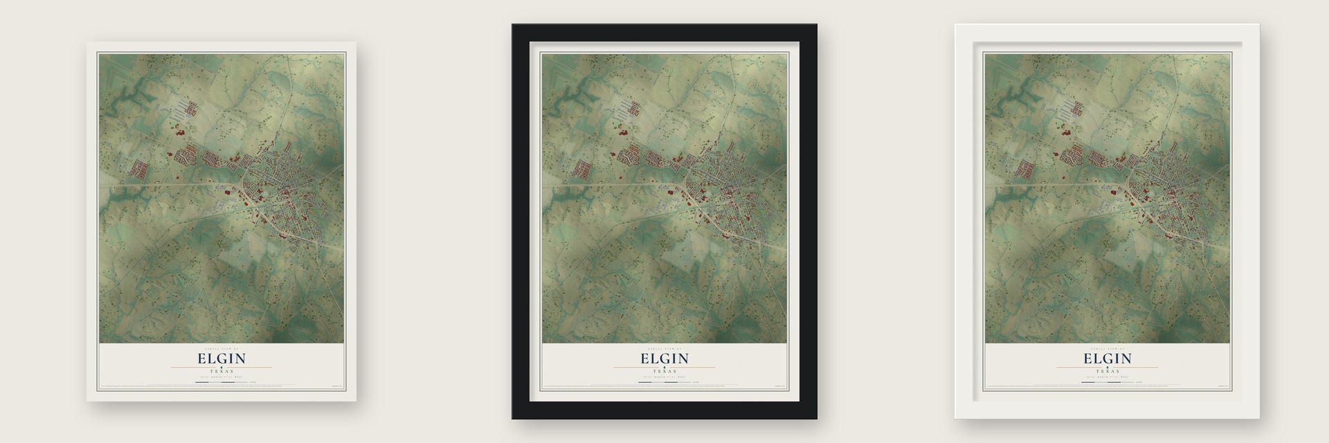 Elgin, Texas map unframed, in a black wood frame and in a white wood frame