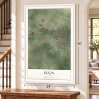 Elgin, Texas map, 24 x 36 inch print in a white frame by a staircase
