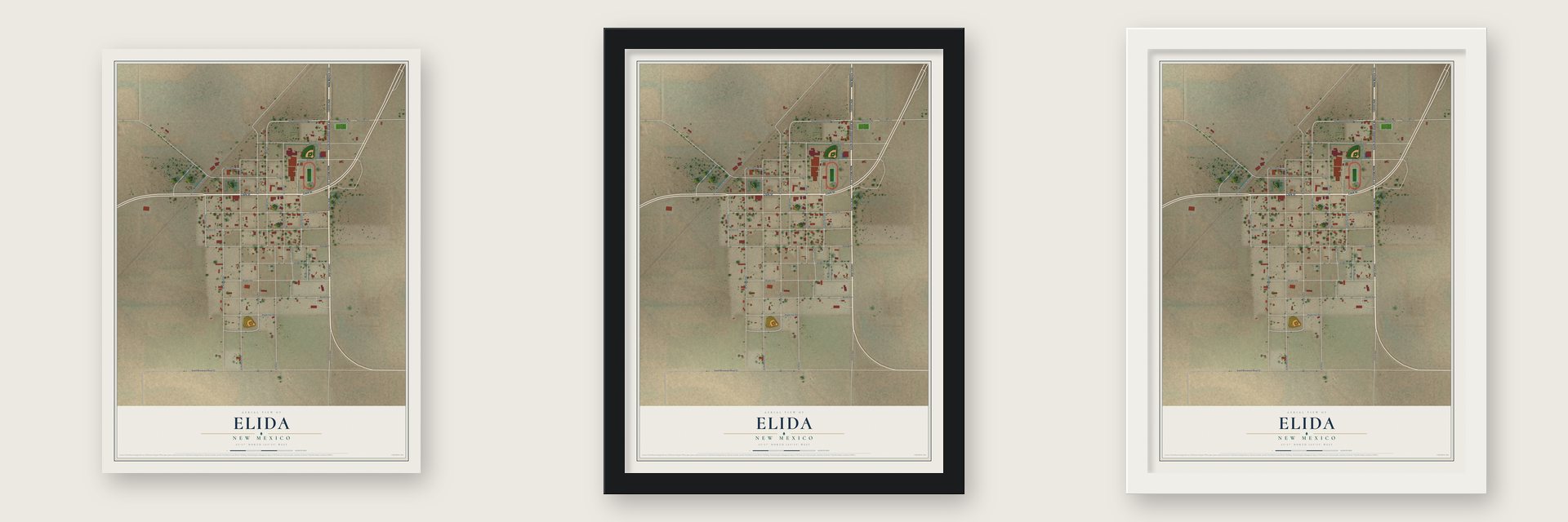 Elida, New Mexico map unframed, in a black wood frame and in a white wood frame
