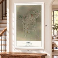 Elida, New Mexico map, 24 x 36 inch print in a white frame by a staircase