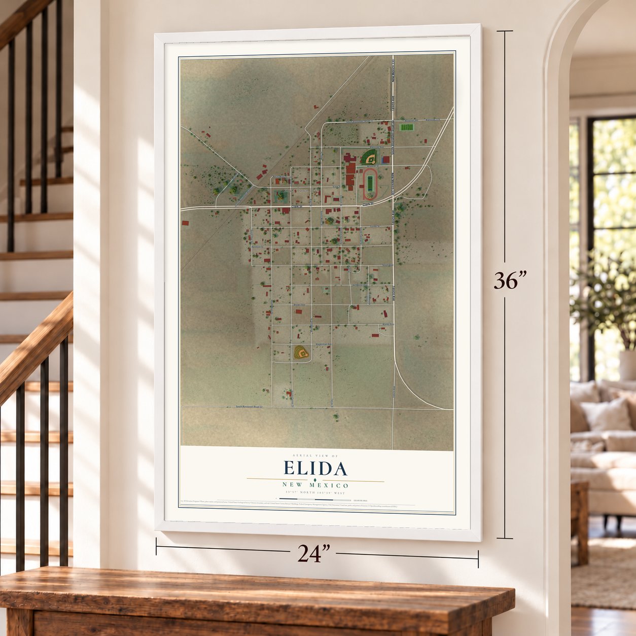 Elida, New Mexico map, 24 x 36 inch print in a white frame by a staircase