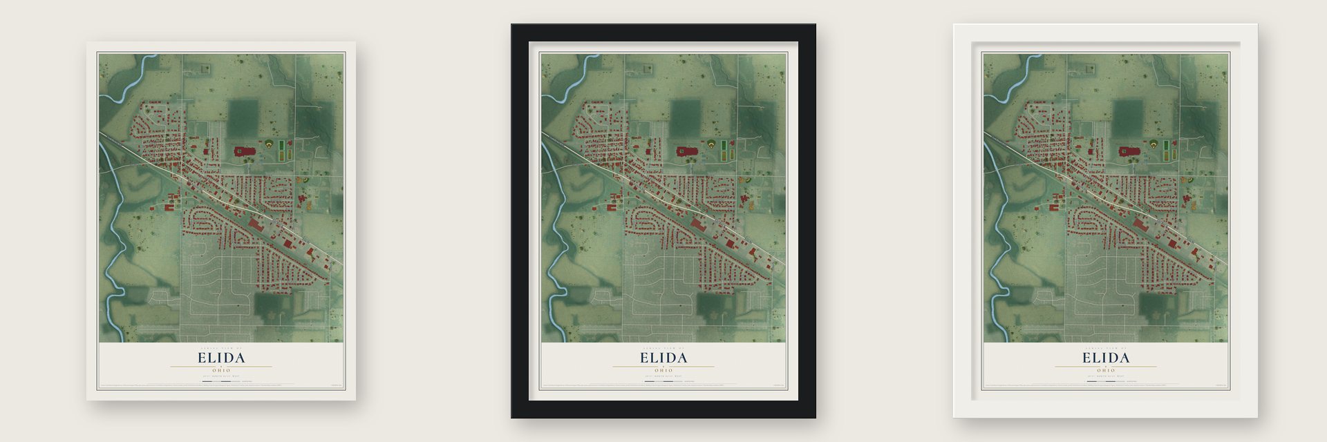 Elida, Ohio map unframed, in a black wood frame and in a white wood frame