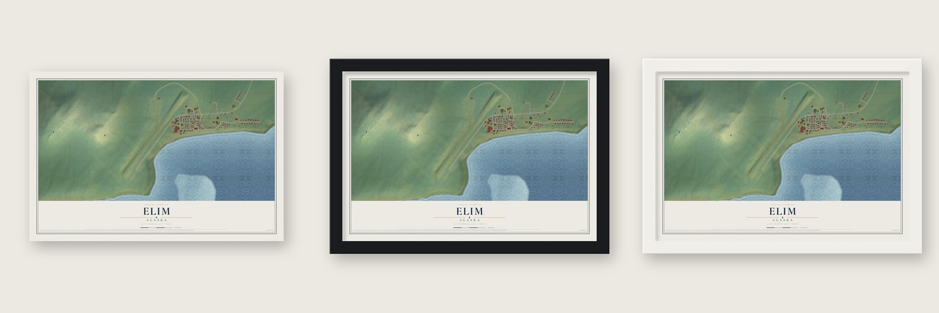 Elim, Alaska map unframed, in a black wood frame and in a white wood frame