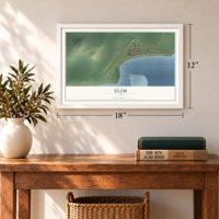 Elim, Alaska map, 12 x 18 inch print in a white frame in an entryway