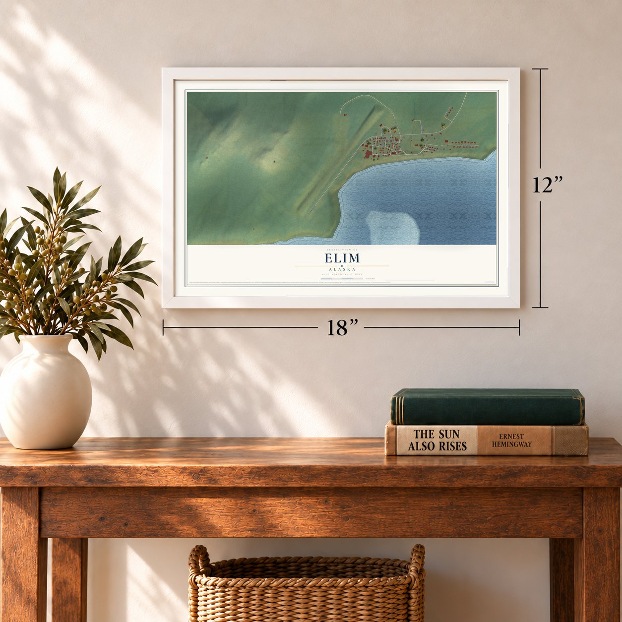 Elim, Alaska map, 12 x 18 inch print in a white frame in an entryway