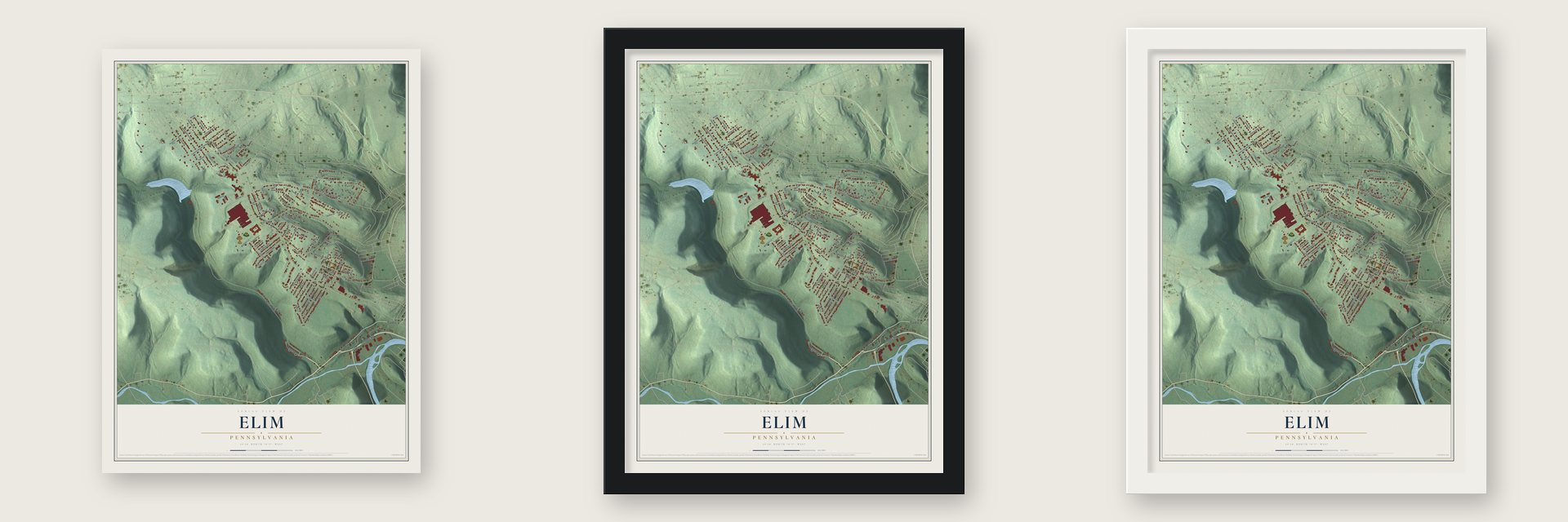 Elim, Pennsylvania map unframed, in a black wood frame and in a white wood frame