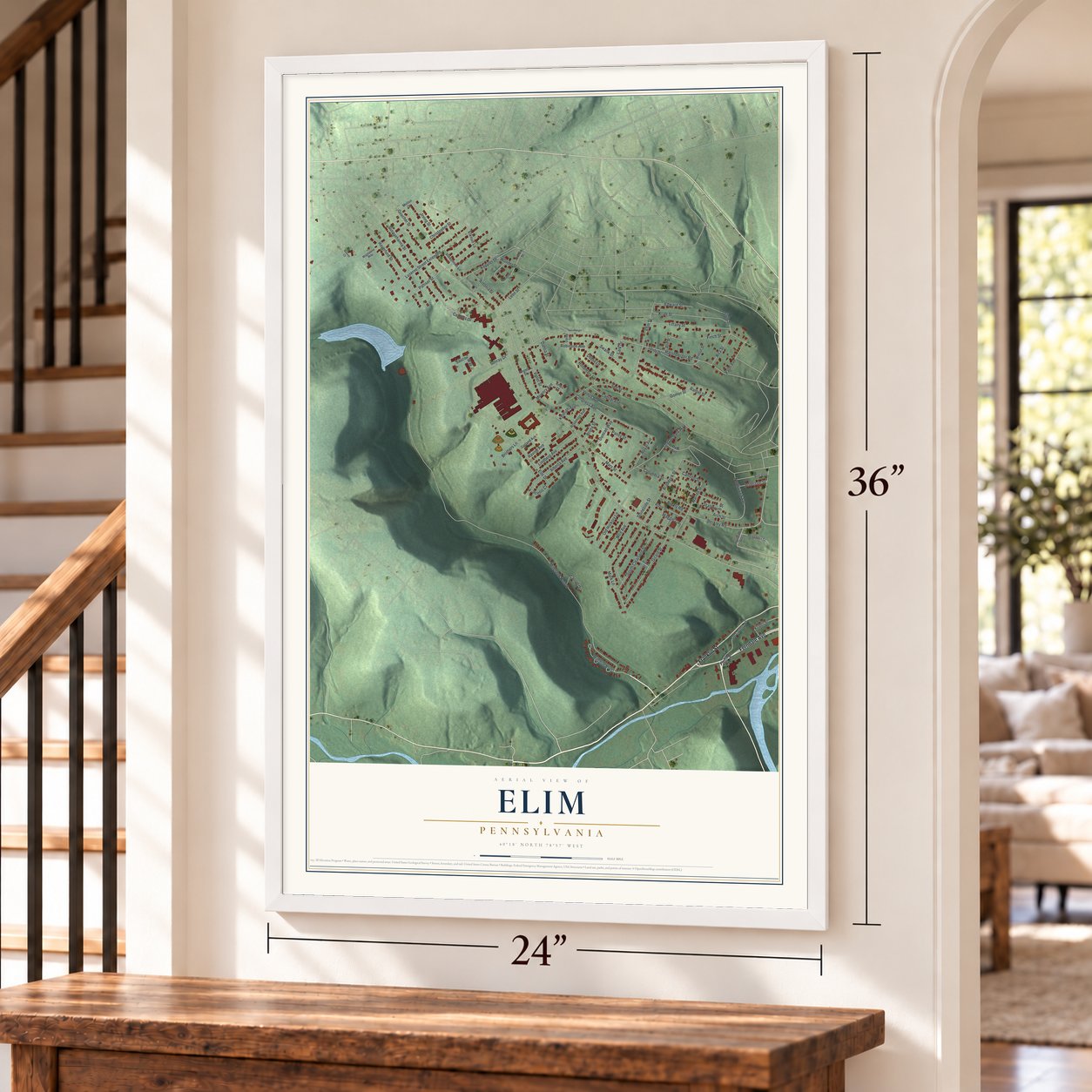 Elim, Pennsylvania map, 24 x 36 inch print in a white frame by a staircase