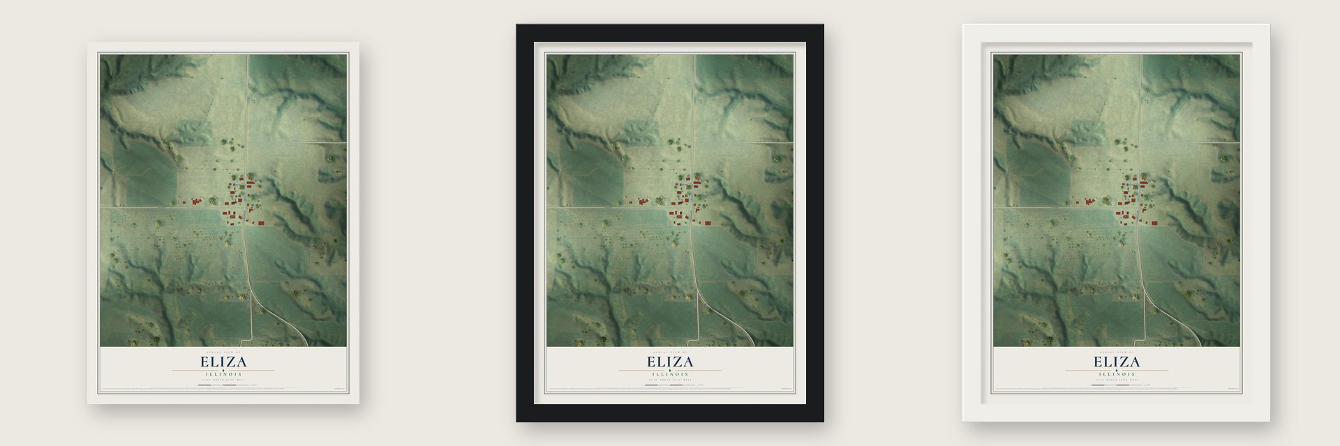 Eliza, Illinois map unframed, in a black wood frame and in a white wood frame