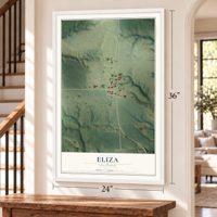 Eliza, Illinois map, 24 x 36 inch print in a white frame by a staircase