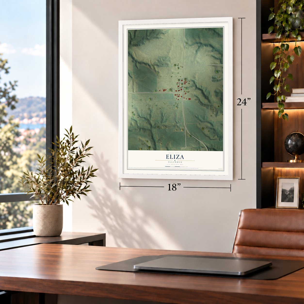 Eliza, Illinois map, 18 x 24 inch print in a white frame in a home office