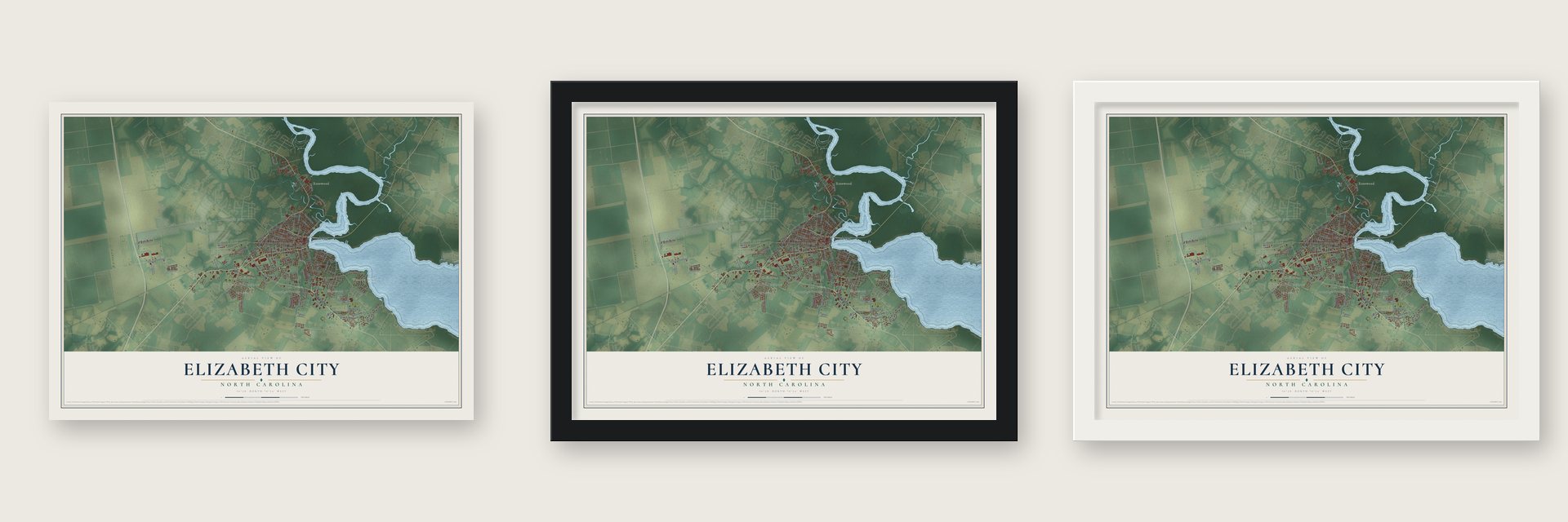 Elizabeth City, North Carolina map unframed, in a black wood frame and in a white wood frame