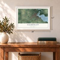 Elizabeth City, North Carolina map, 12 x 18 inch print in a white frame in an entryway