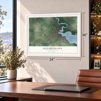 Elizabeth City, North Carolina map, 18 x 24 inch print in a white frame in a home office
