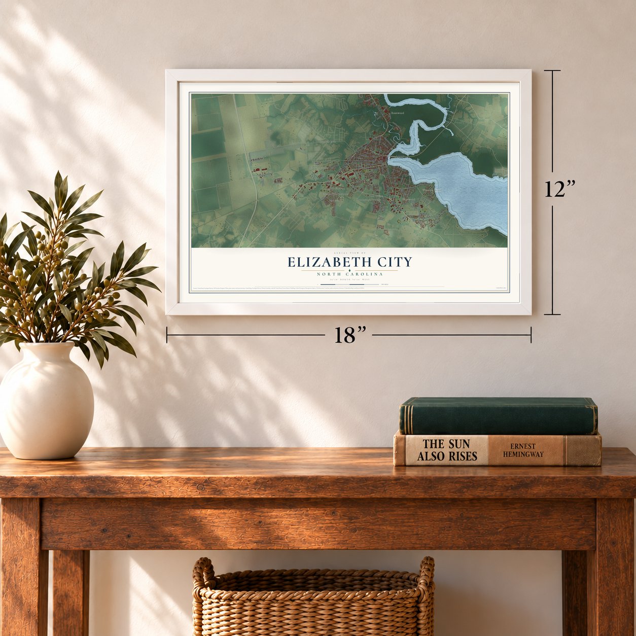 Elizabeth City, North Carolina map, 12 x 18 inch print in a white frame in an entryway