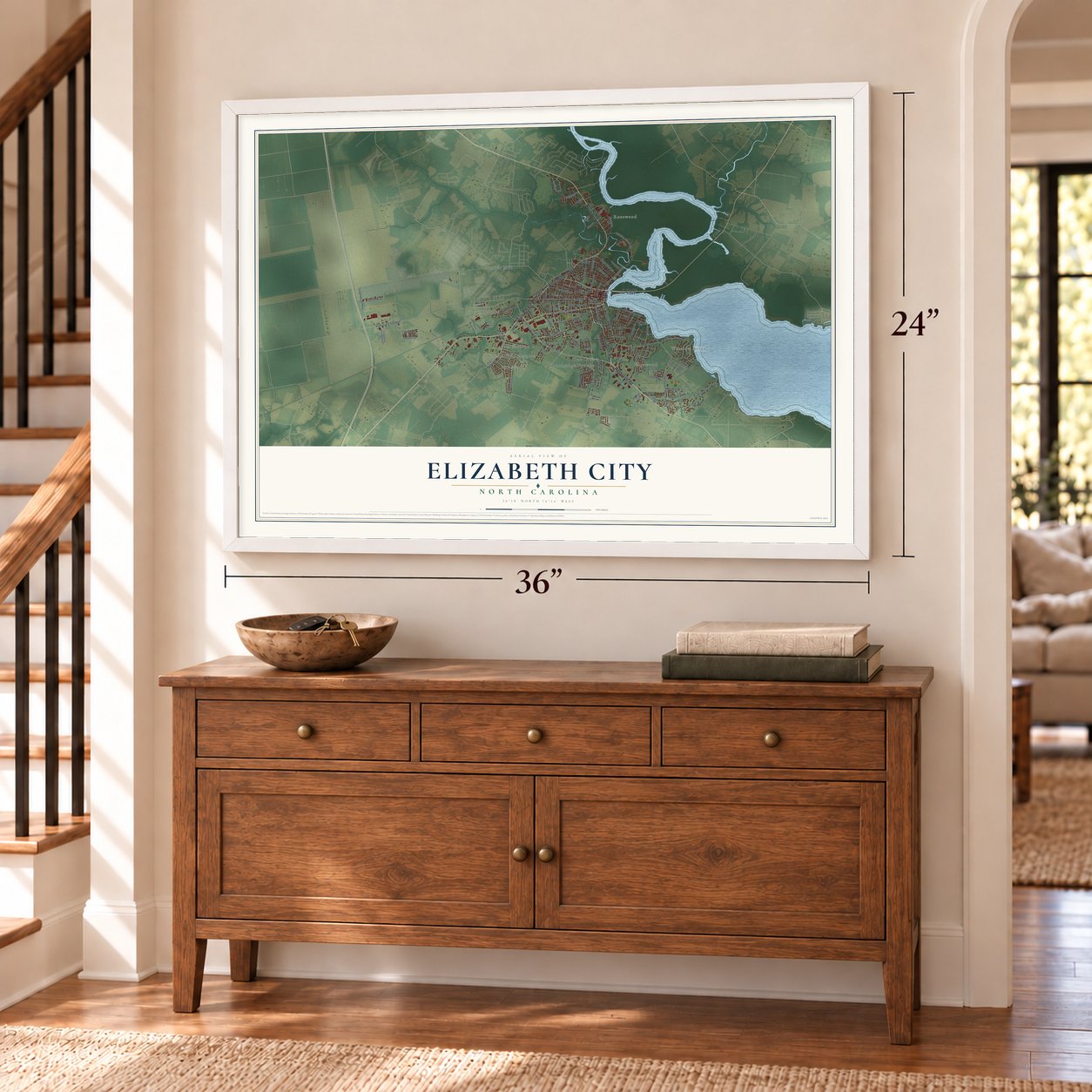 Elizabeth City, North Carolina map, 24 x 36 inch print in a white frame above a dresser by a staircase