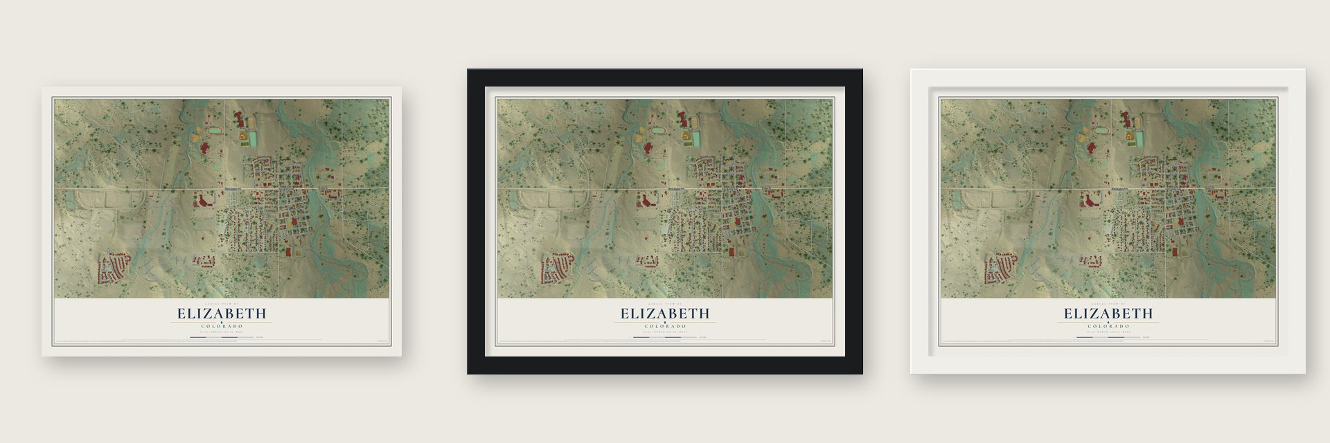 Elizabeth, Colorado map unframed, in a black wood frame and in a white wood frame