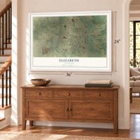 Elizabeth, Colorado map, 24 x 36 inch print in a white frame above a dresser by a staircase