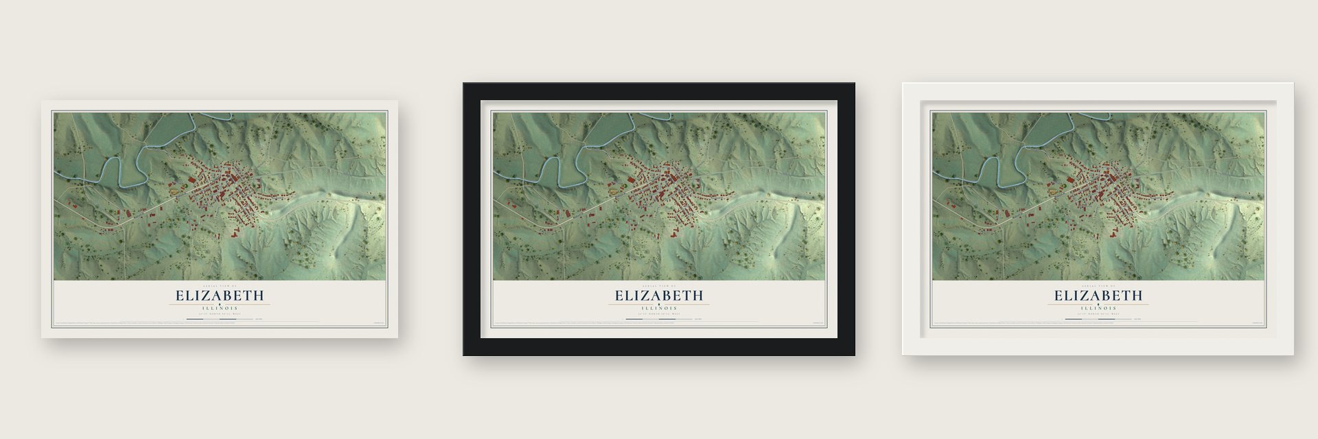 Elizabeth, Illinois map unframed, in a black wood frame and in a white wood frame