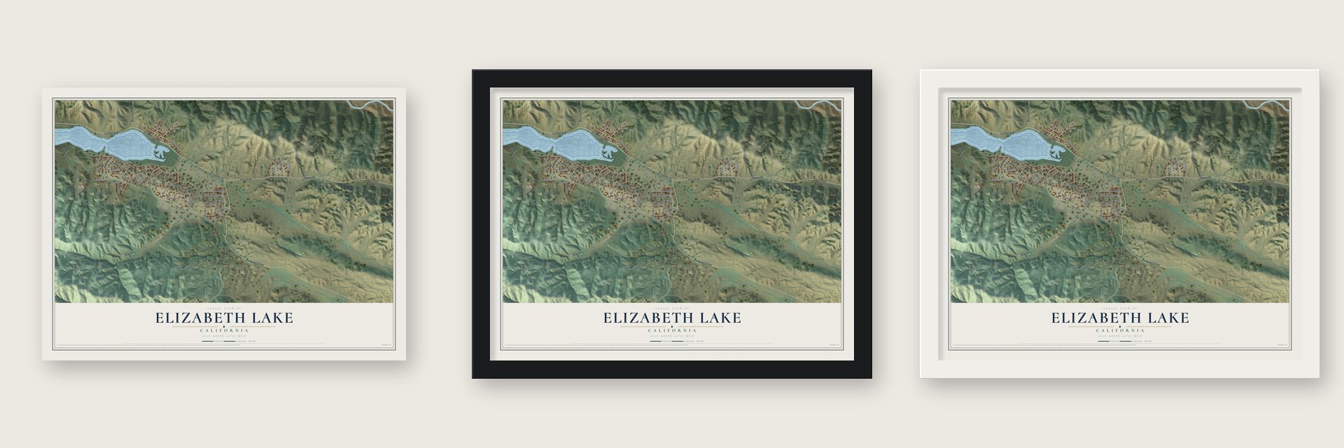 Elizabeth Lake, California map unframed, in a black wood frame and in a white wood frame