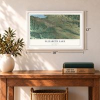 Elizabeth Lake, California map, 12 x 18 inch print in a white frame in an entryway