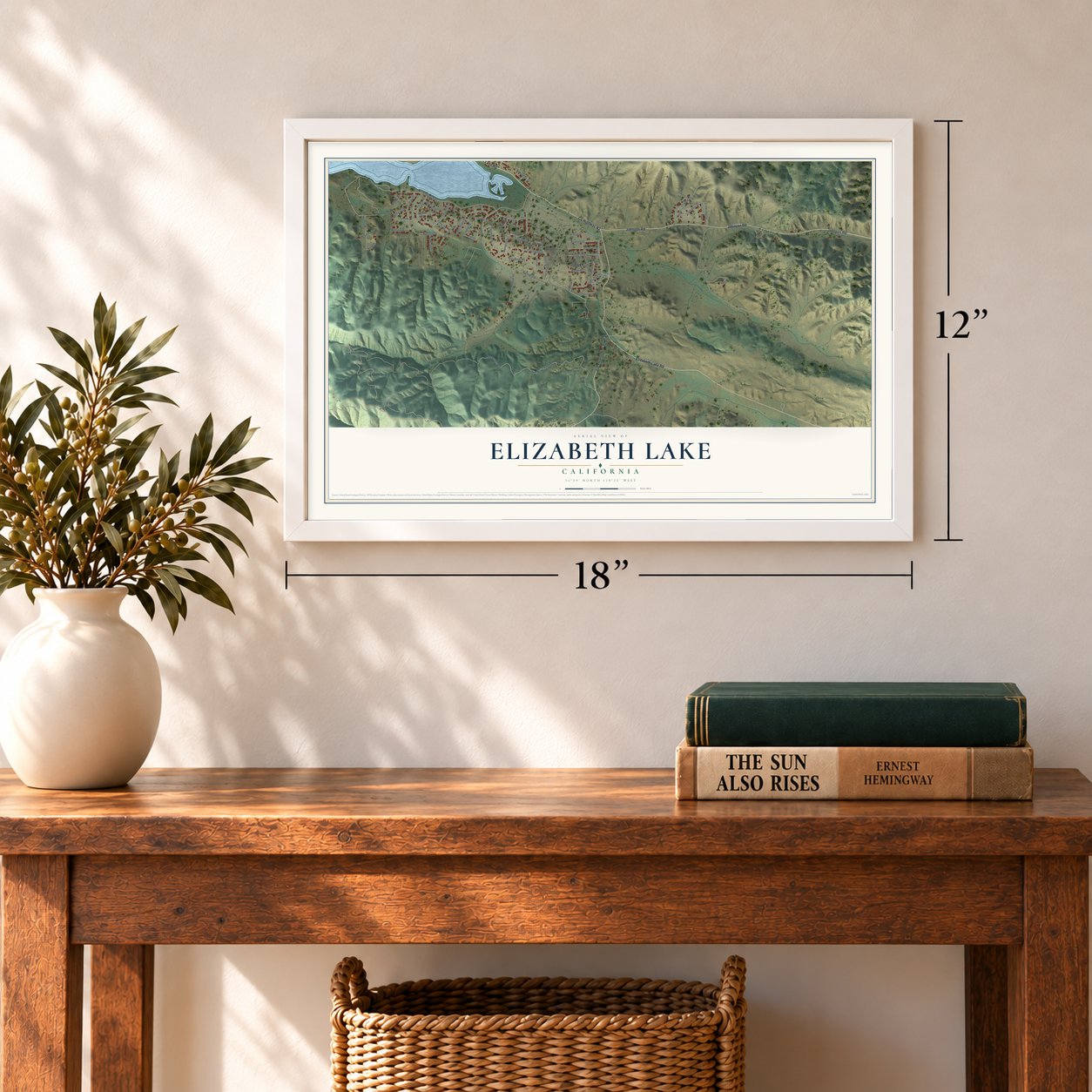 Elizabeth Lake, California map, 12 x 18 inch print in a white frame in an entryway