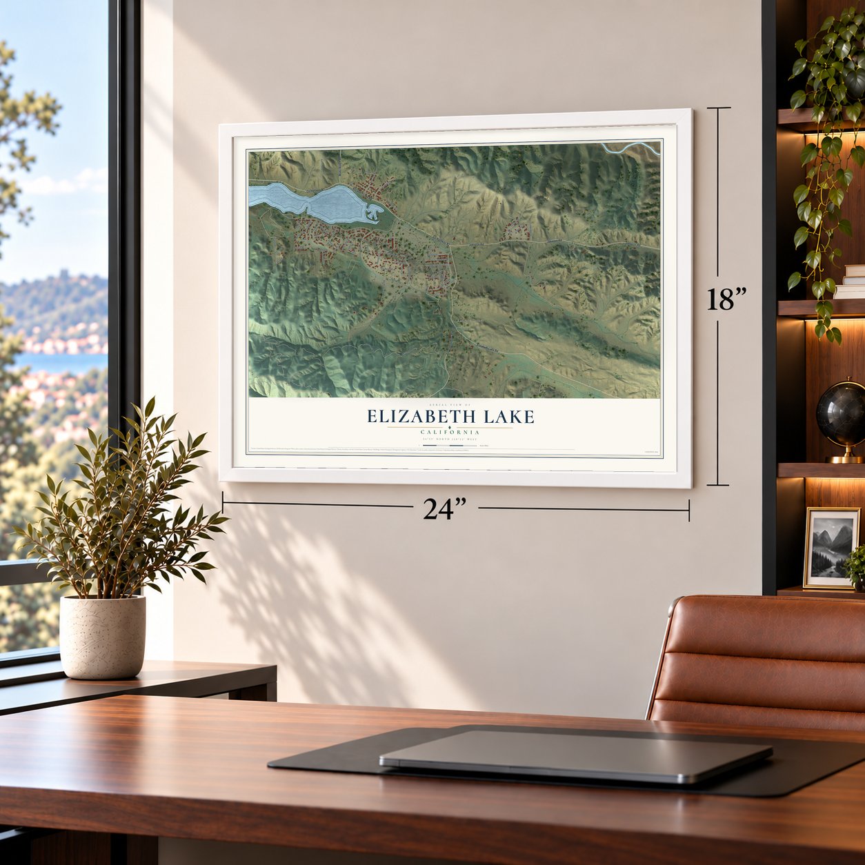 Elizabeth Lake, California map, 18 x 24 inch print in a white frame in a home office