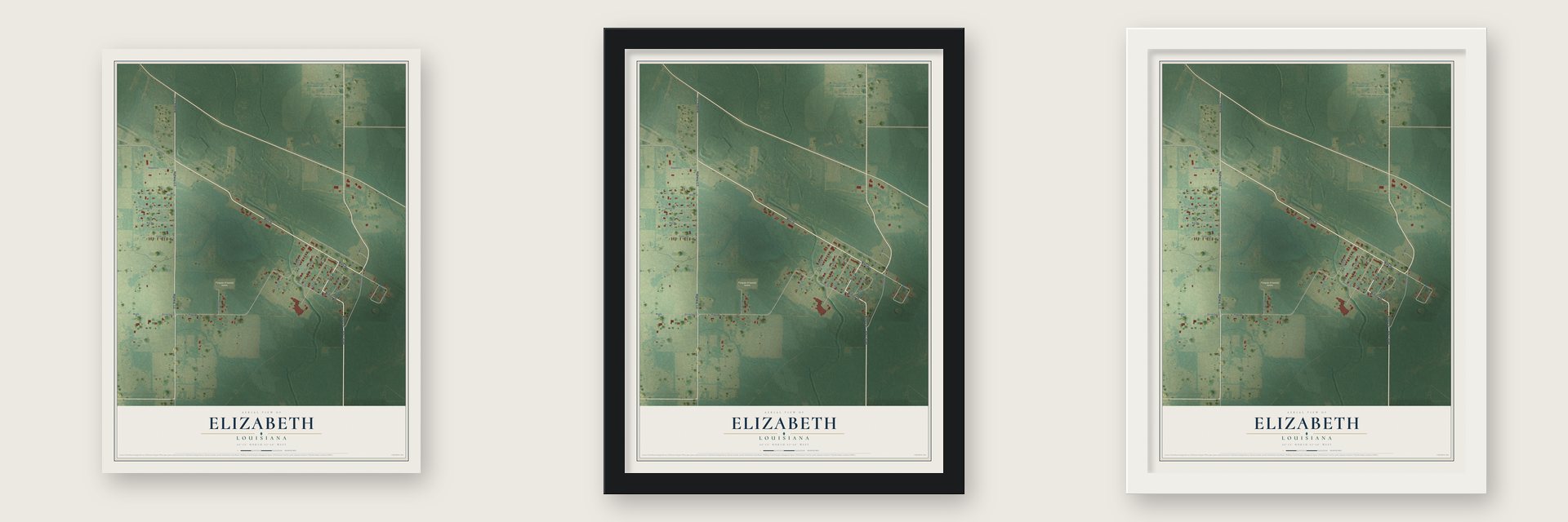Elizabeth, Louisiana map unframed, in a black wood frame and in a white wood frame