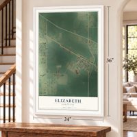 Elizabeth, Louisiana map, 24 x 36 inch print in a white frame by a staircase