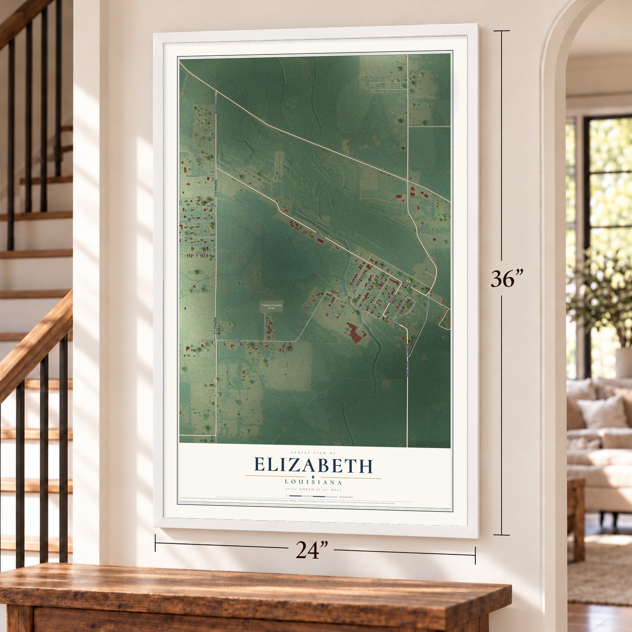 Elizabeth, Louisiana map, 24 x 36 inch print in a white frame by a staircase
