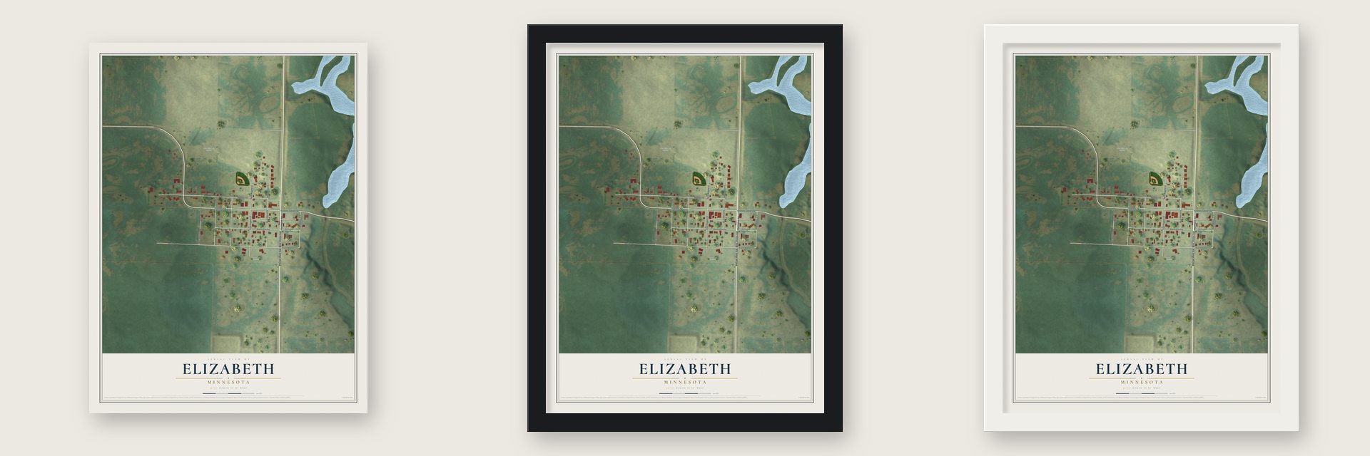 Elizabeth, Minnesota map unframed, in a black wood frame and in a white wood frame