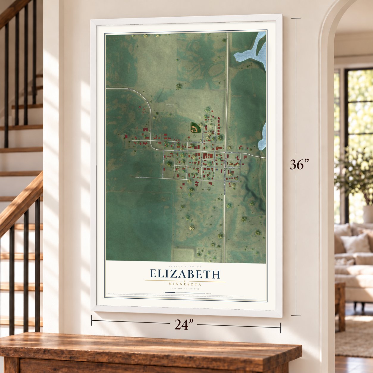 Elizabeth, Minnesota map, 24 x 36 inch print in a white frame by a staircase