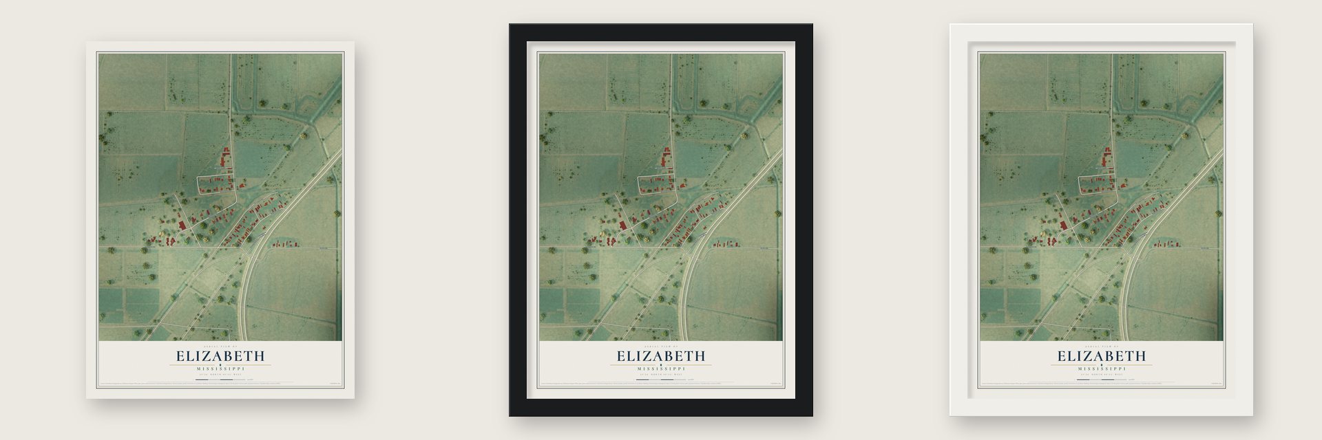 Elizabeth, Mississippi map unframed, in a black wood frame and in a white wood frame