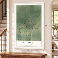 Elizabeth, Mississippi map, 24 x 36 inch print in a white frame by a staircase