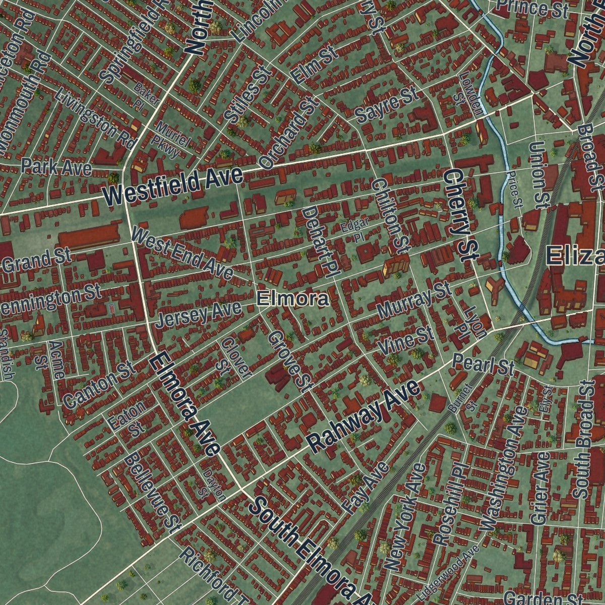 Second close-up of the map of Elizabeth, New Jersey print showing more streets and buildings