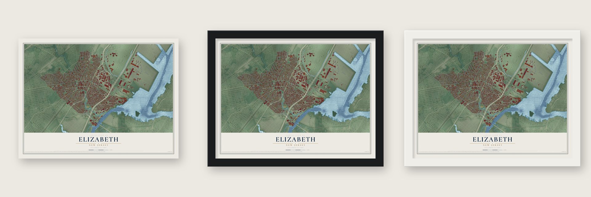 Elizabeth, New Jersey map unframed, in a black wood frame and in a white wood frame