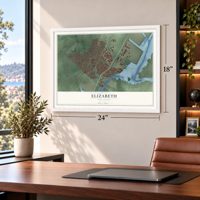 Elizabeth, New Jersey map, 18 x 24 inch print in a white frame in a home office