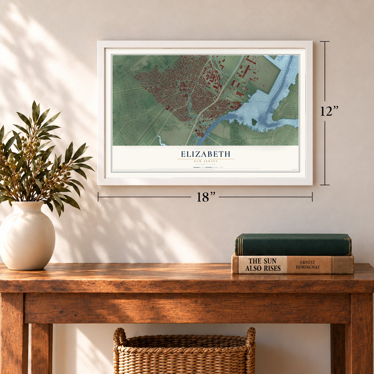 Elizabeth, New Jersey map, 12 x 18 inch print in a white frame in an entryway