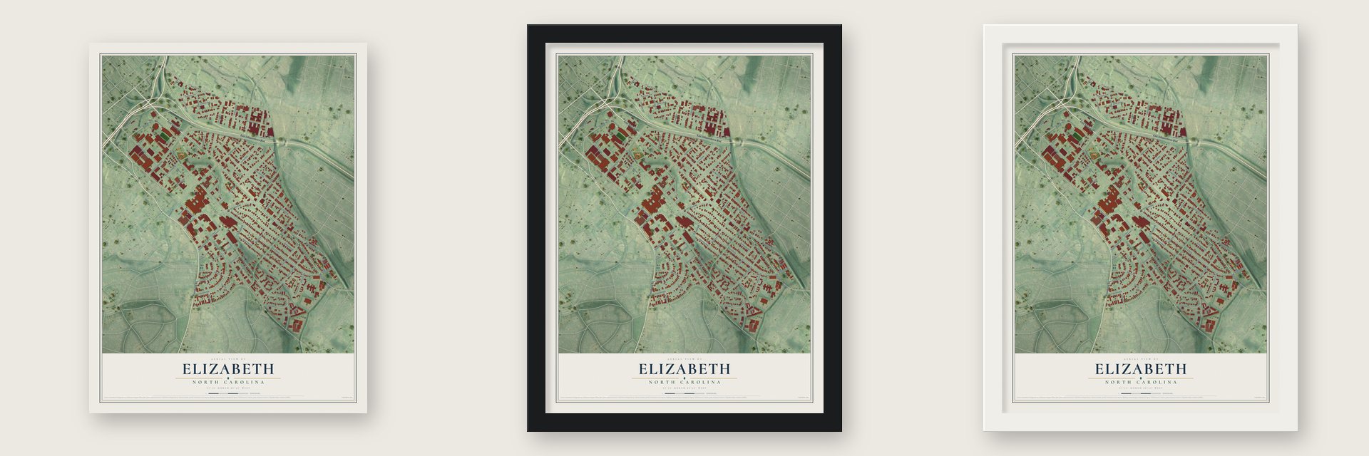 Elizabeth, North Carolina map unframed, in a black wood frame and in a white wood frame
