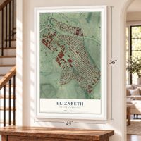 Elizabeth, North Carolina map, 24 x 36 inch print in a white frame by a staircase