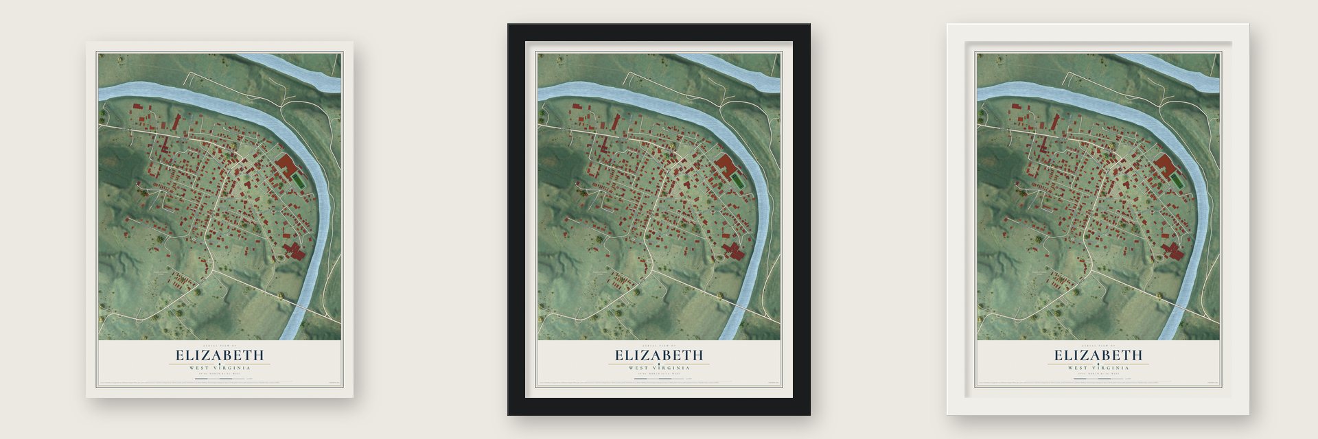 Elizabeth, West Virginia map unframed, in a black wood frame and in a white wood frame